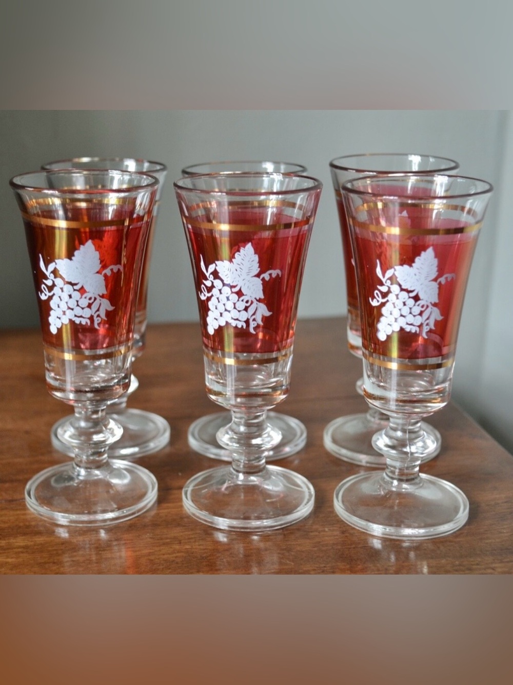 Vintage Italian Lubiana Apertif Cordial Glass w/Grapes Cranberry Gold SET OF 6 - Picture 2 of 6